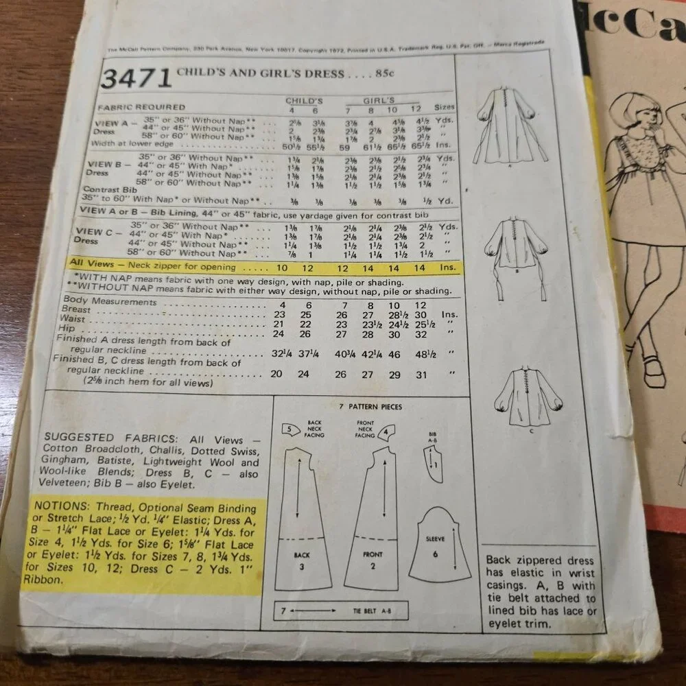 McCall's 3471; ©1972; Child's and Girl's Dress vintage sewing pattern
